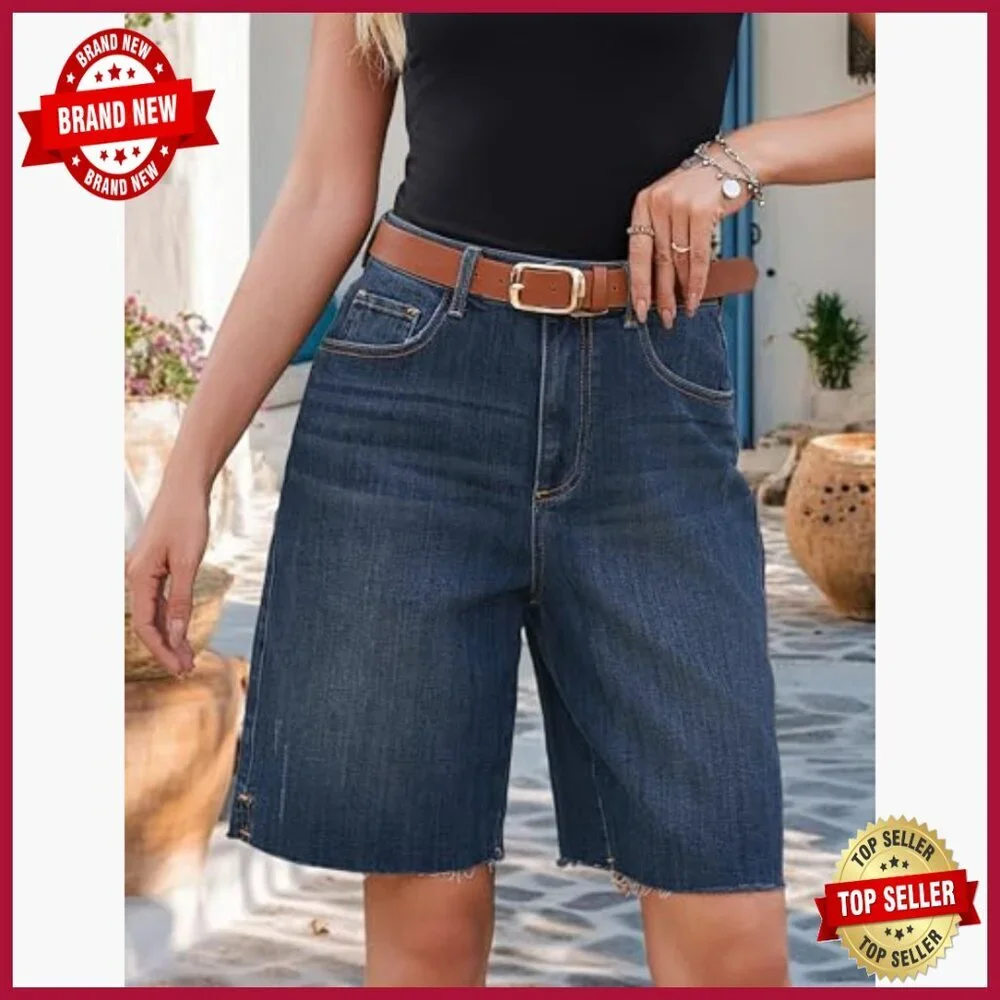 High Waisted Baggy Denim Bermuda Shorts Ripped Distressed Casual